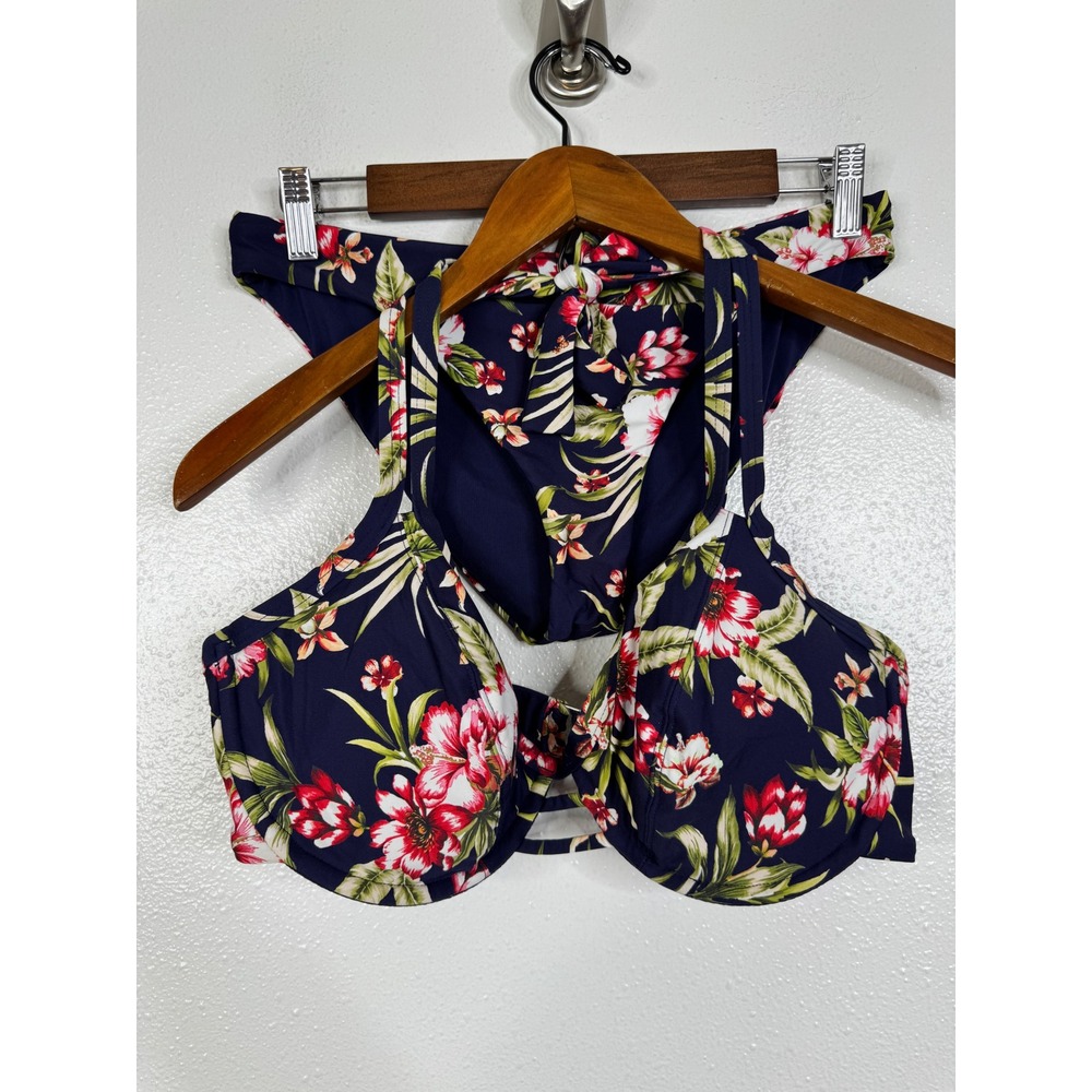 Birdsong Hibiscus Floral Underwire Halter Bikini Set Navy Blue 34G M